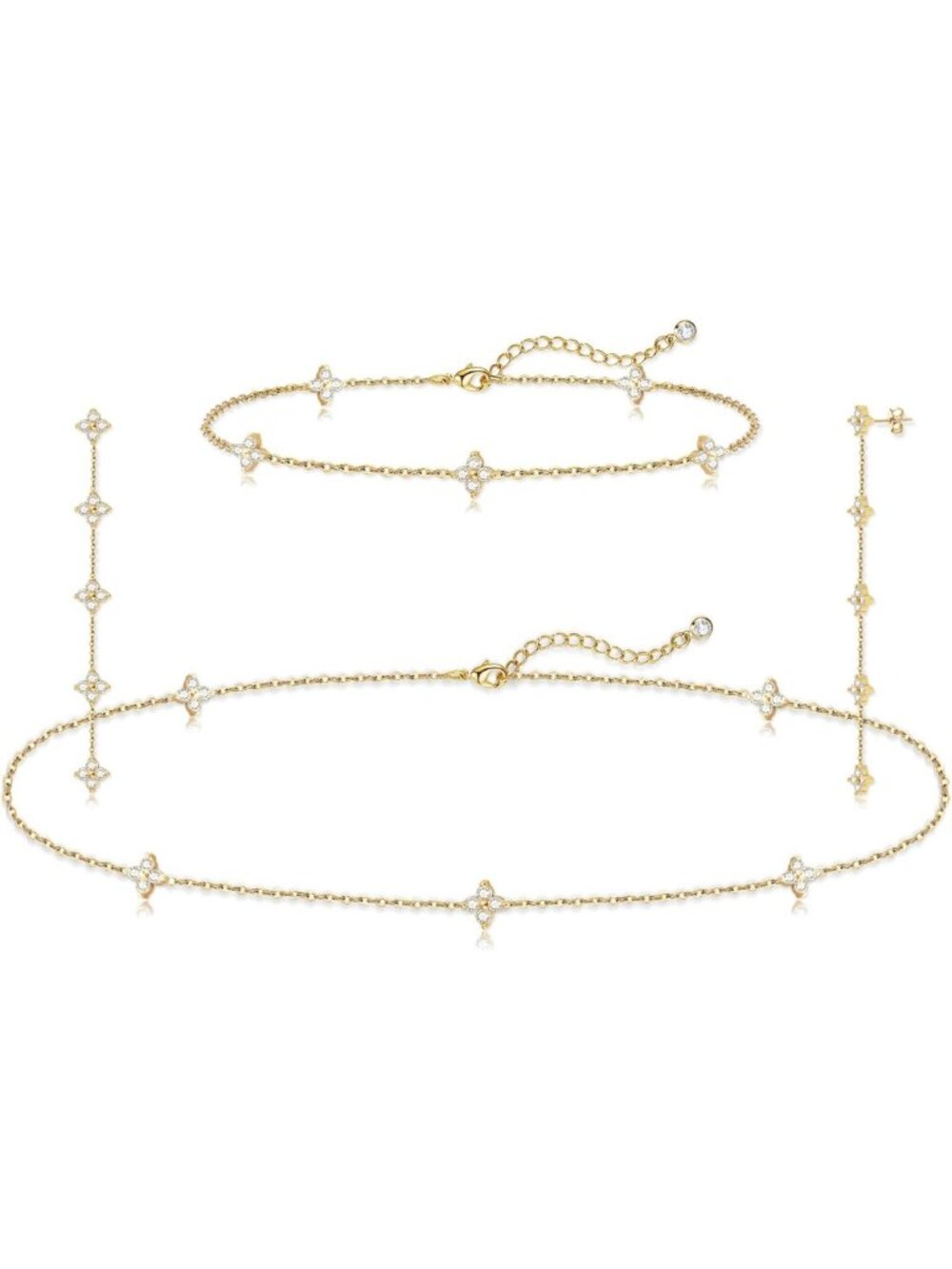 Dainty Sterling Silver Tennis Necklace & Bracelet Set with Crystal Earrings